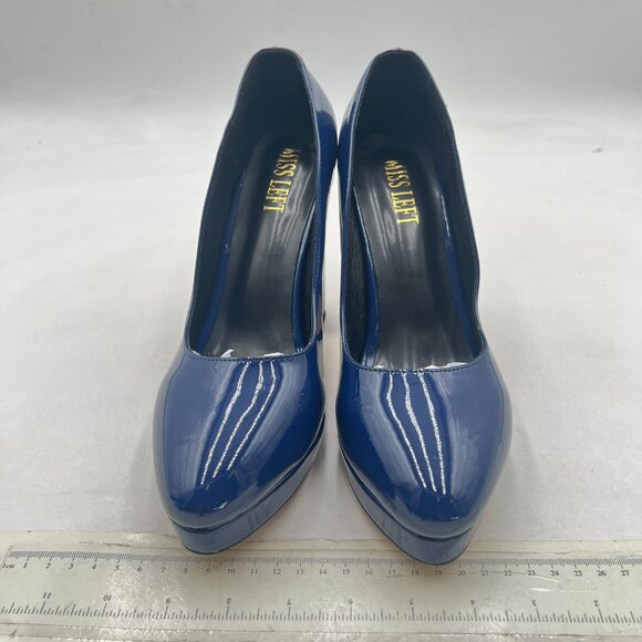 miss left Navy Platform Almond Toe Pumps Classic Slip On Chunky High Heels Shoes - Picture 3 of 8